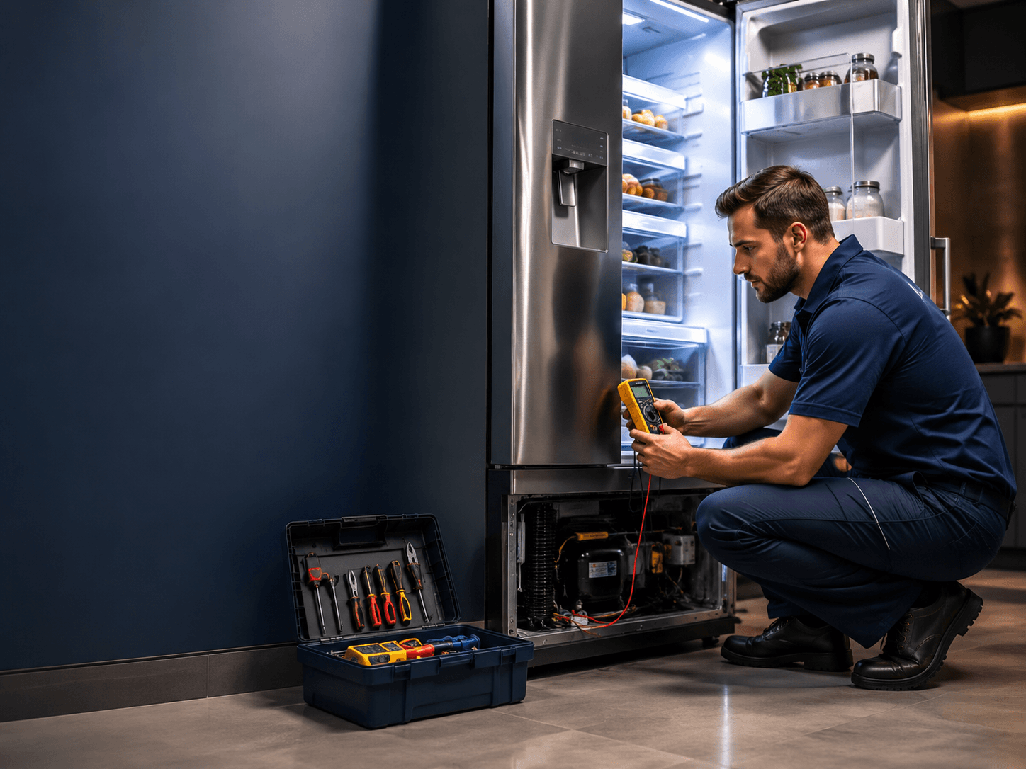 Técnico Eluxfrio consertando geladeira em domicílio