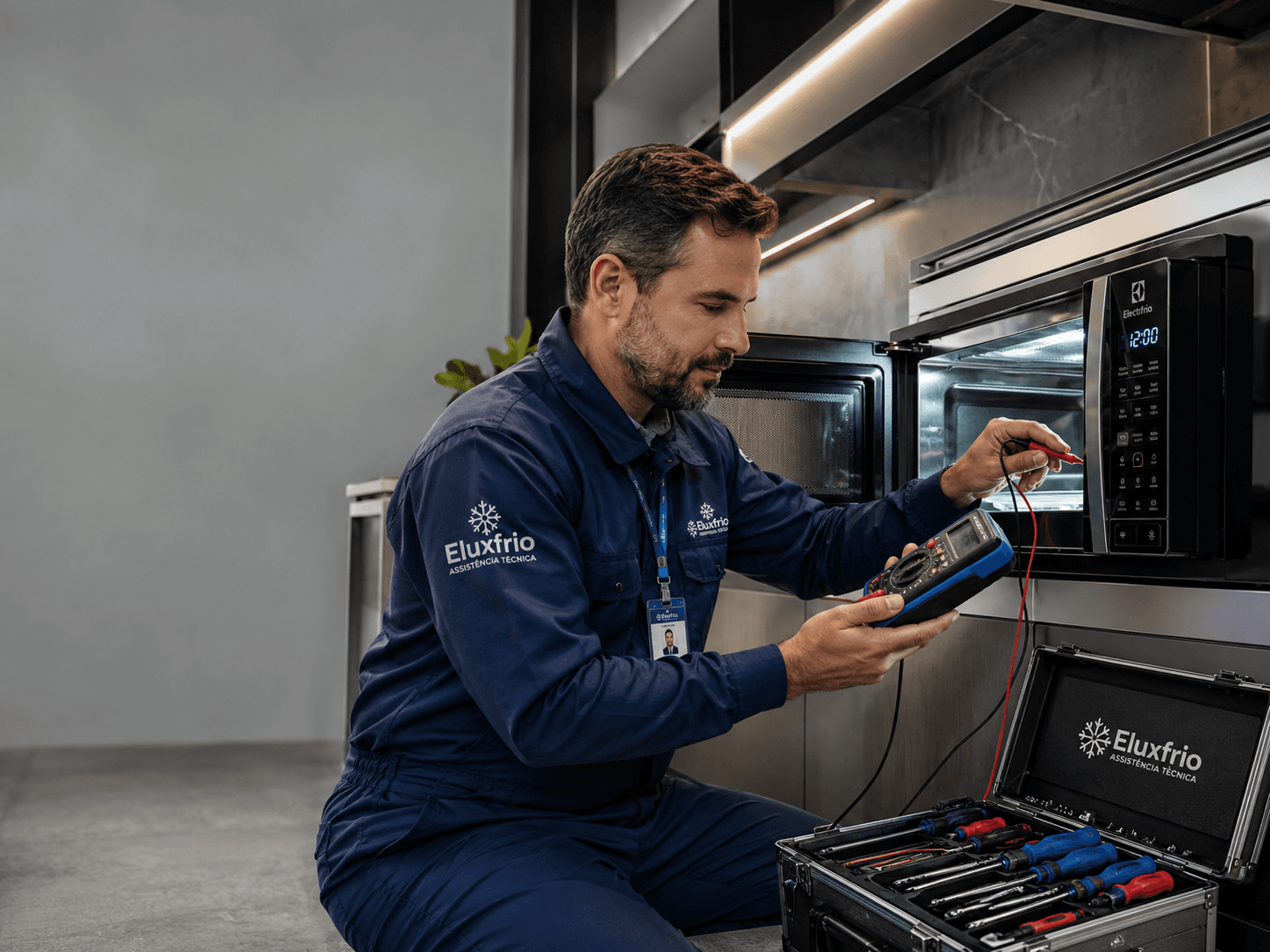 Técnico Eluxfrio consertando microondas em domicílio